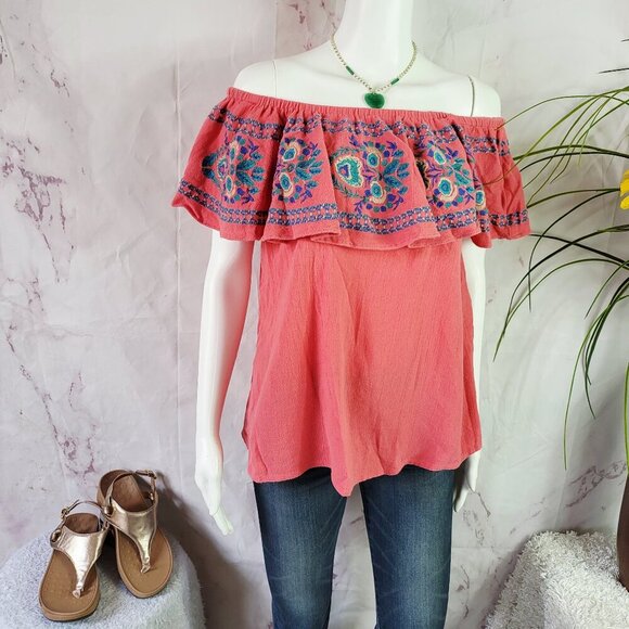 Soft Surroundings embroidered off shoulder top - Picture 1 of 6